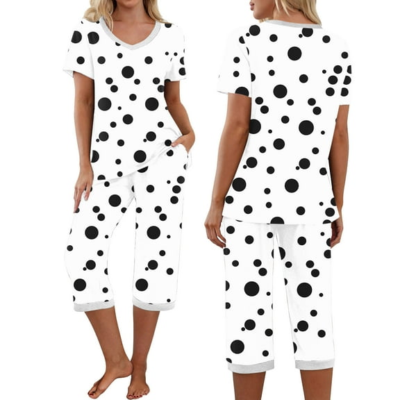 Fewfanhot Women's Fashionable Pajama Set - Cute Printed Short Sleeve V Neck Pajamas with Cropped Pants, Ideal for Home and Family Gatherings