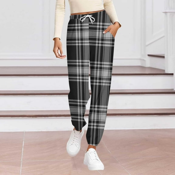 Fewfanhot Women's Fitted Plaid Print Sleep Pants with Lace Detail and Pockets for Comfortable Wear and Stylish Lounging
