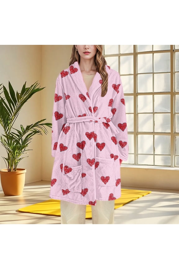 Women's Flannel Robe Heart-Pattern Print Turn-Down Collar Nightgowns, Long Sleeve Knee-Length Bathrobe Pajama