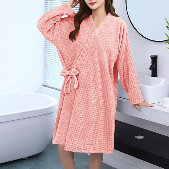 Fewfanhot Women's Fleece Long Sleeve Light-colored Hooded Bathrobe with Belted Waist Calf-Length, Comfortable Sleepwear Loungewear Pajama