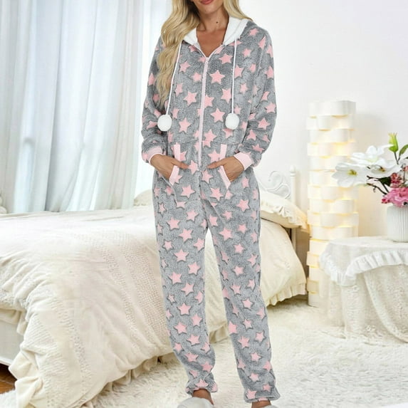 Fewfanhot Women's Fleece Long Sleeve Light-colored Print Hooded Bathrobe with Pockets Ankle-Length, Loungewear One-Piece Pajama