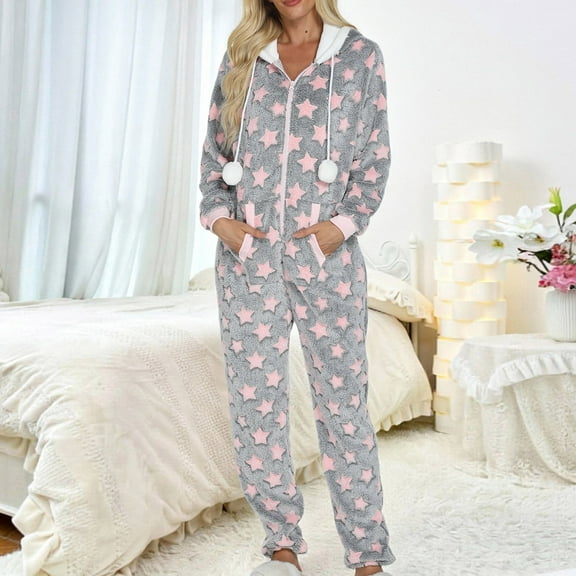Fewfanhot Women's Fleece Long Sleeve Light-colored Print Hooded Bathrobe with Pockets Ankle-Length, Loungewear One-Piece Pajama