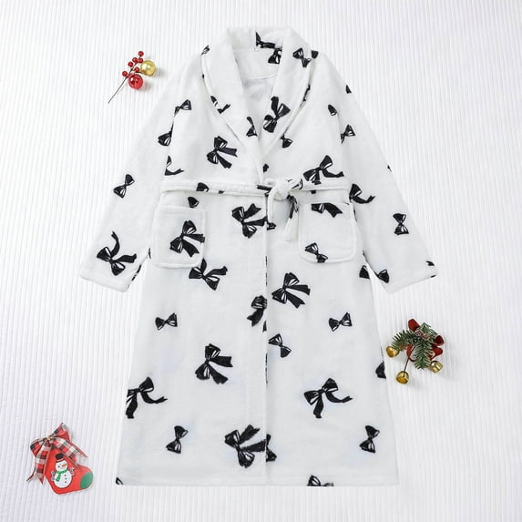 Fewfanhot Women's Fleece White Long Sleeve Cardigan Pocket Turndown Collar Bathrobe for Sweet Home Lounging Cozy Sleepwear