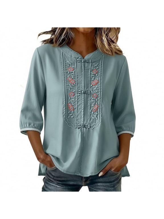 Women's Floral Embroidered 3/4 Sleeve Blouse, Mandarin Collar Casual Top, Traditional Frog Button Loose Fit Tunic Shirt, S-3XL