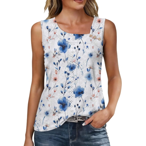 Fewfanhot Women's Floral Print Eyelet Tank Tops, Casual Sleeveless Square Neck Button Detail Blouses, Summer Loose Fit Flowy Tunic Daily Shirts, S-3XL