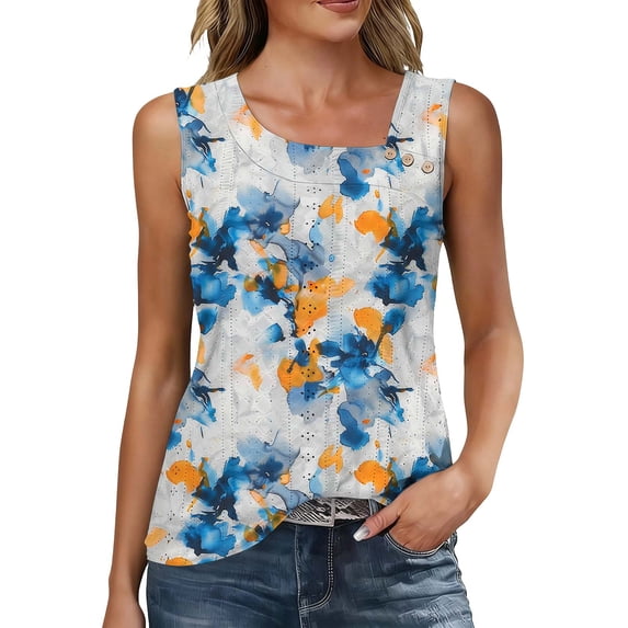 Fewfanhot Women's Floral Print Eyelet Tank Tops, Casual Sleeveless Square Neck Button Detail Blouses, Summer Loose Fit Flowy Tunic Daily Shirts, S-3XL