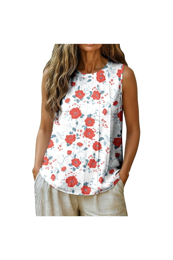 Women's Floral Print Sleeveless Blouse, Crew Neck Pleated Front Casual Tank Top, Summer Loose Fit Floral Top, S-3XL