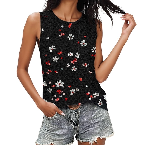 Fewfanhot Women's Floral Print Sleeveless Tank Top, Hawaiian Flower Pattern Casual Blouse, Lightweight Summer Crew Neck Camisole, S-2XL