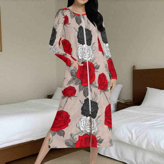 Fewfanhot Women's Floral Robe, Long Sleeve Ankle-Length Zipper Front Satin Bathrobes Sleepwear Loungewear with Pockets