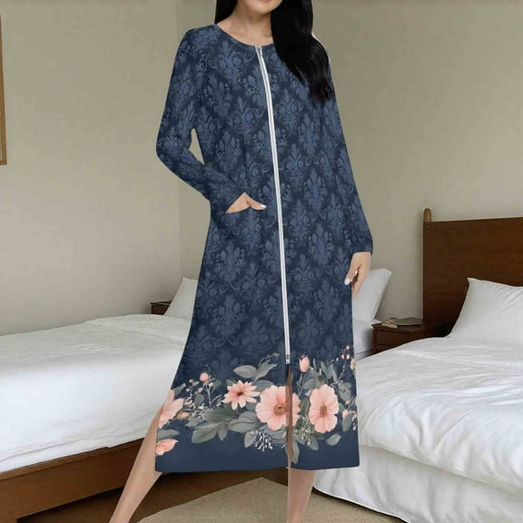 Fewfanhot Women's Floral Robe, Long Sleeve Ankle-Length Zipper Front Satin Bathrobes Sleepwear Loungewear with Pockets