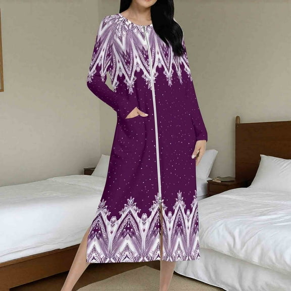 Fewfanhot Women's Floral Robe, Long Sleeve Ankle-Length Zipper Front Satin Bathrobes Sleepwear Loungewear with Pockets