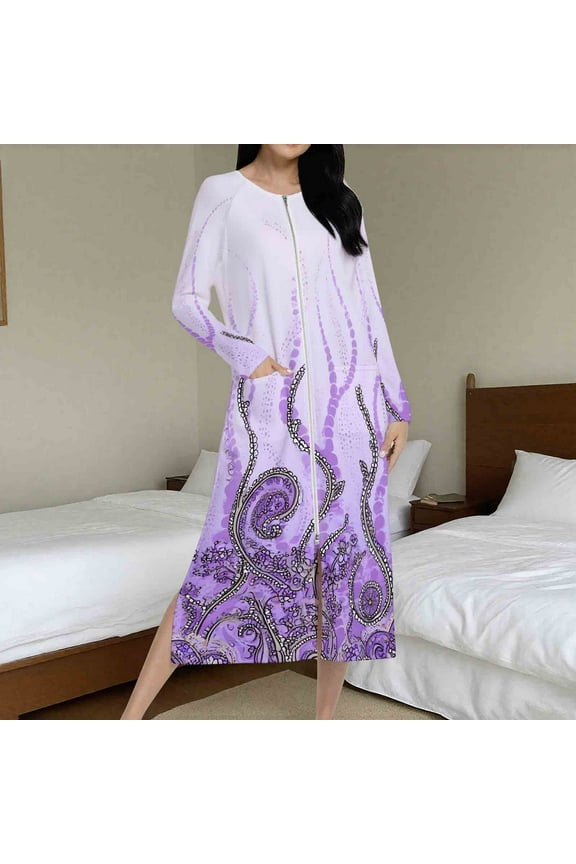 Fewfanhot Women's Floral Robe, Long Sleeve Ankle-Length Zipper Front Satin Bathrobes Sleepwear Loungewear with Pockets