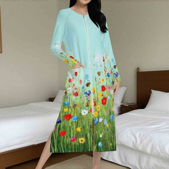 Fewfanhot Women's Floral Robe, Long Sleeve Ankle-Length Zipper Front Satin Bathrobes Sleepwear Loungewear with Pockets