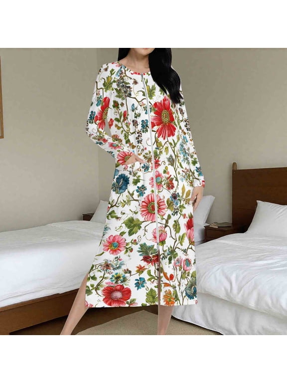 Women's Long Sleeve Robe Floral Print Knee Length Zipper Bedroom Lounging Bathrobes Cozy Sleepwear Comfort Housecoat