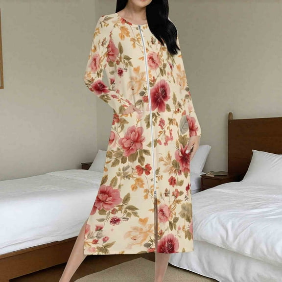 Fewfanhot Women's Floral Robe, Long Sleeve Ankle-Length Zipper Front Satin Bathrobes Sleepwear Loungewear with Pockets