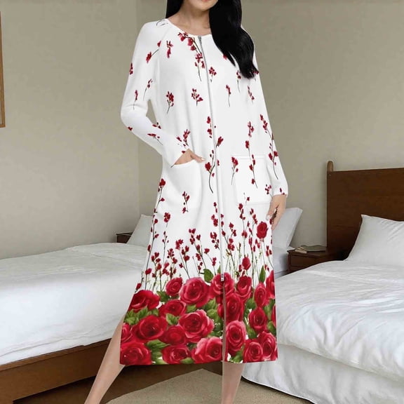 Fewfanhot Women's Floral Robe, Long Sleeve Ankle-Length Zipper Front Satin Bathrobes Sleepwear Loungewear with Pockets