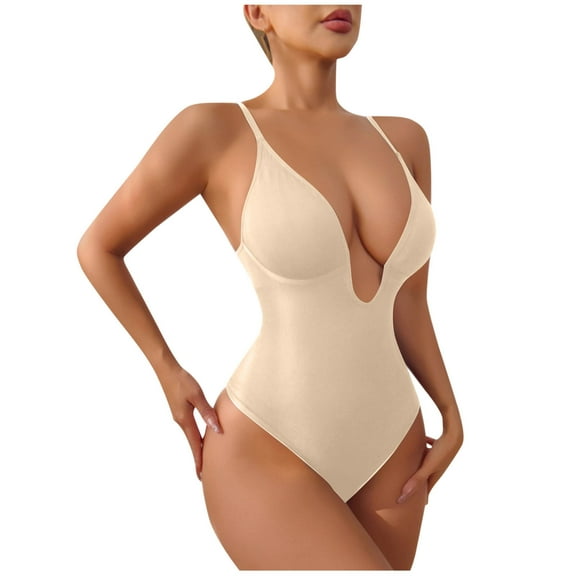 Fewfanhot Women's Full Body Shapewear Bodysuit - V Neck Seamless Tummy Control One-Piece with Adjustable Straps for Everyday Wear and Special Events
