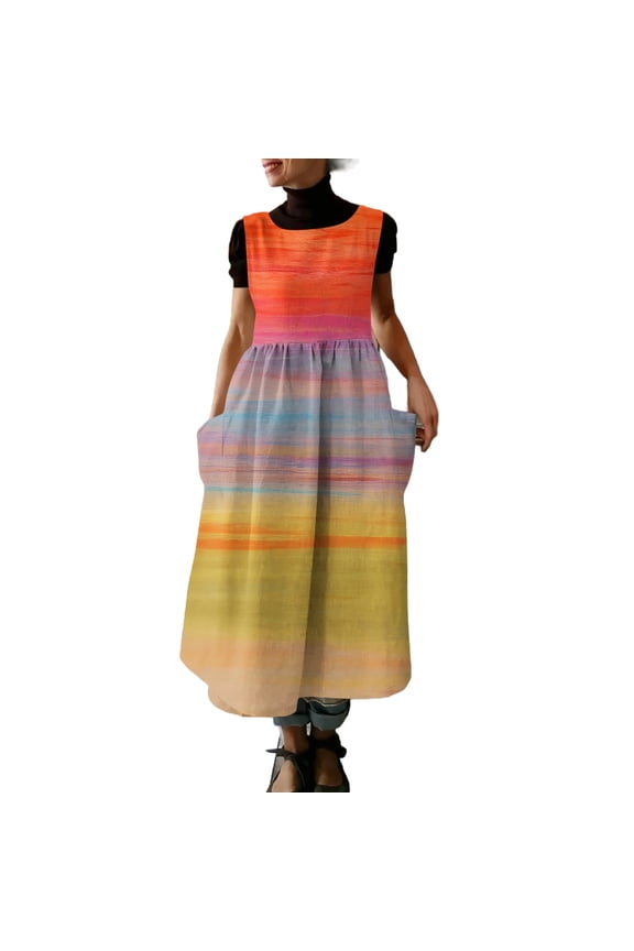 Women's Gradient Print Sleeveless Maxi Dress, Casual Loose Fit Pinafore Apron Dress, Lightweight Linen Blend Summer Sundress with Pockets, S-5XL