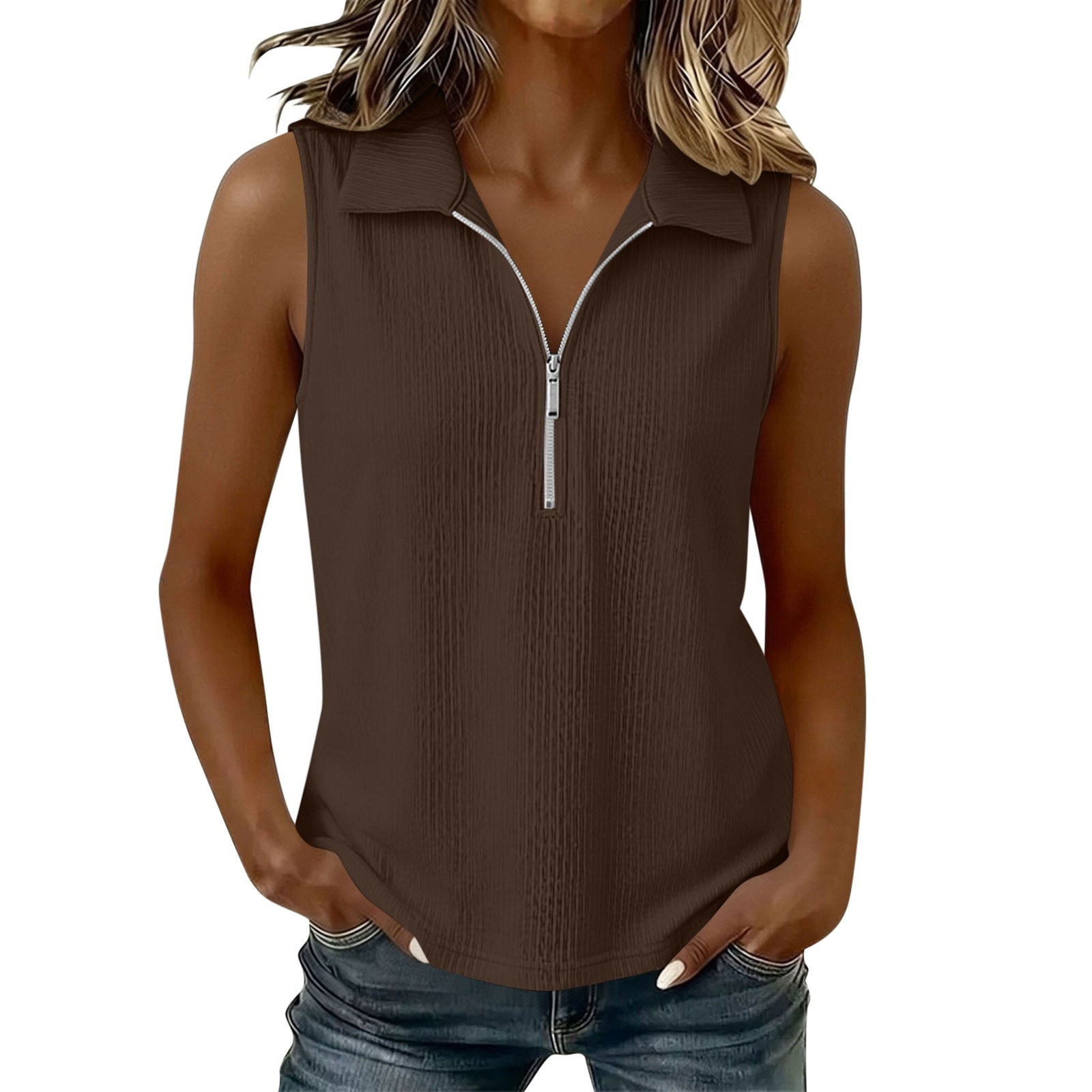 Fewfanhot Women's Half Zip Ribbed Sleeveless Tank Top, Collared
