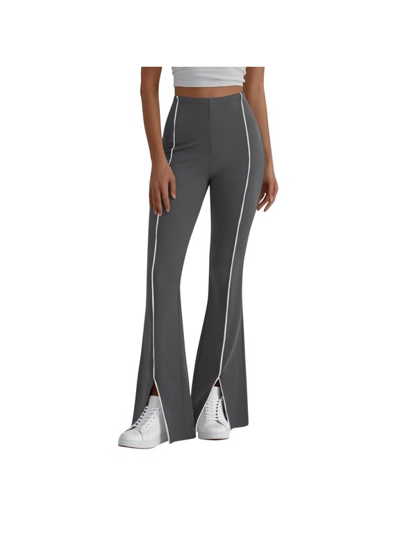 Women's High Waist Piped Flare Pants with Front Slit, Stretchy Wide Leg Trousers, Elegant Split Hem Bell Bottoms for Work & Evening Wear (Multicolor)