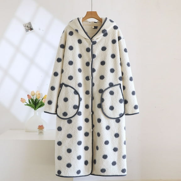 Fewfanhot Women's Hooded Robe Long Sleeve Bathrobe Nightgowns with White Dot Pattern, Front Pockets Warm Housecoat Cozy Wear