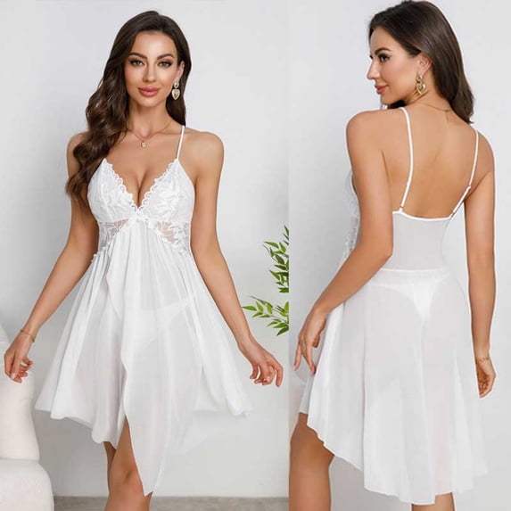 Fewfanhot Women's Lace Dress, Embroidery Lace-Up Camisole and T-Back Sleeping Skirt for Elegant Homewear Romantic Nights