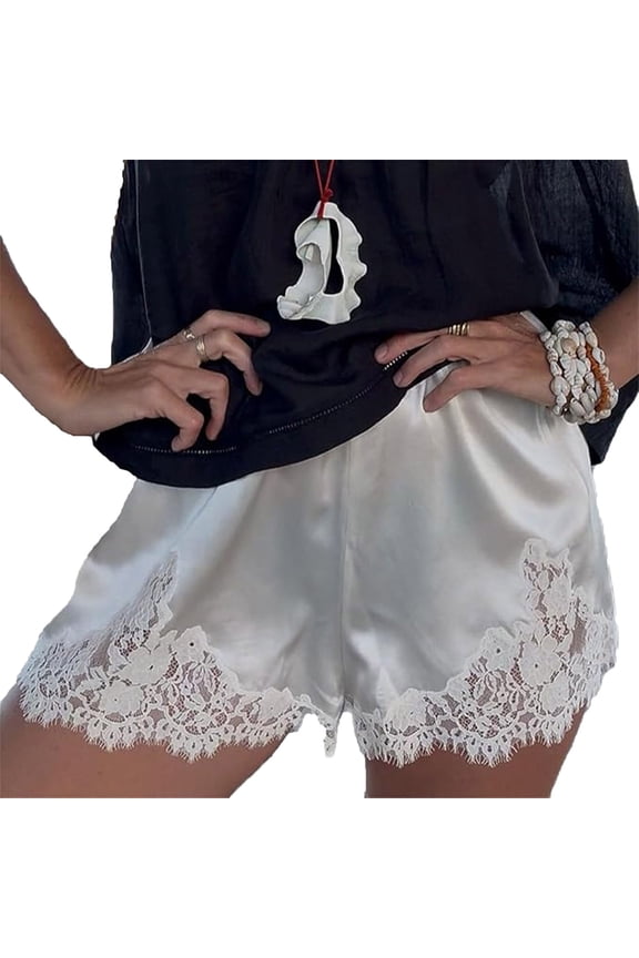 Women's Lace Trim Lounge Shorts - Patchwork Crochet Lace Design, Feminine Soft Sleep Shorts
