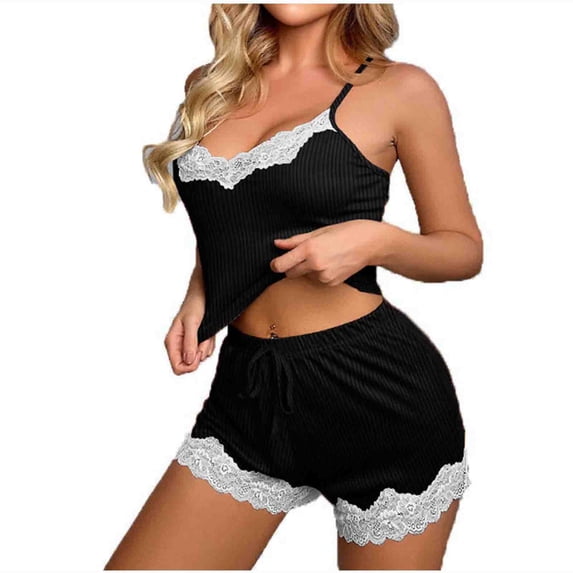 Fewfanhot Women's Lace Trim Ribbed Cami Top Shorts Pajama 2 Piece Set Elegant Feminine Soft Lightweight Casual Daily Loungewear Sleepwear Set for Women