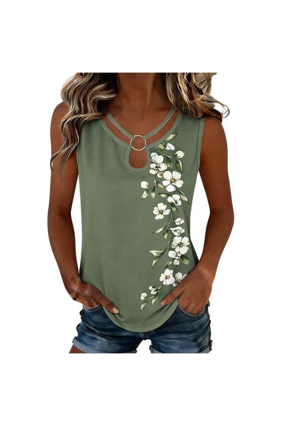 Women's Leaf Print Sleeveless Tank Top, O-Ring Halter Neck Casual Summer Blouse, Tropical Botanical Leaf Vest, S-3XL