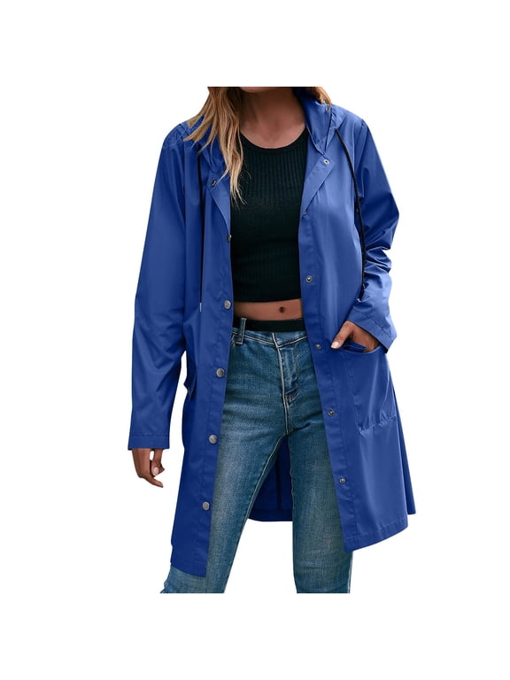 Women's Lightweight Waterproof Rain Jacket Snap Front Coat with Hood Windbreaker for Hiking, Travel and Rainy Days
