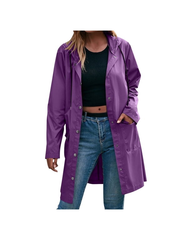 Women's Lightweight Waterproof Rain Jacket Snap Front Coat with Hood Windbreaker for Hiking, Travel and Rainy Days