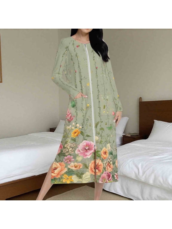 Women's Long Flannel Robe Floral Printed Knee Length Zipper Bedroom Lounging Bathrobes Cozy Sleepwear Comfort Housecoat