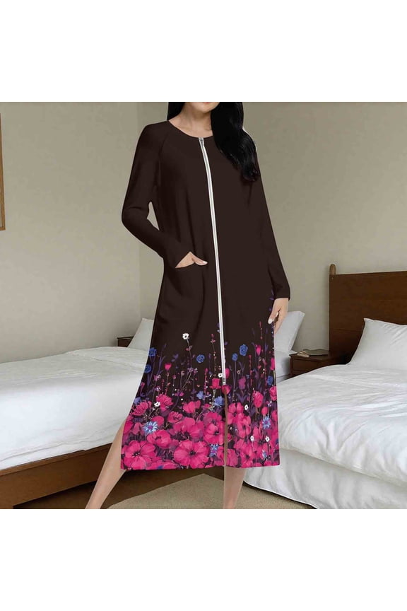 Fewfanhot Women's Long Flannel Robe Floral Printed Knee Length Zipper Bedroom Lounging Bathrobes Cozy Sleepwear Comfort Housecoat