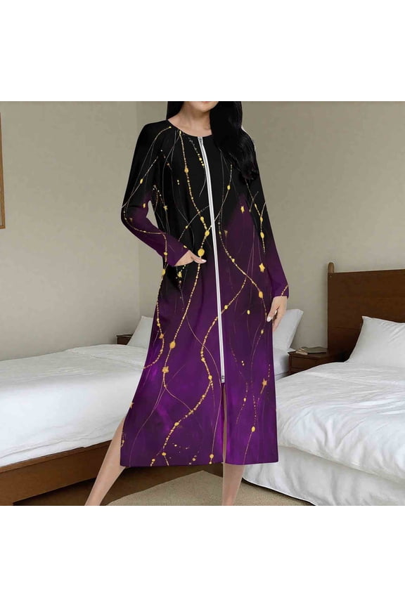 Fewfanhot Women's Long Flannel Robe Floral Printed Knee Length Zipper Bedroom Lounging Bathrobes Cozy Sleepwear Comfort Housecoat