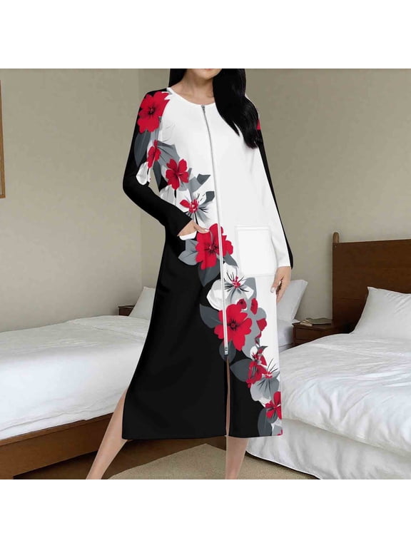 Women's Long Flannel Robe Floral Printed Knee Length Zipper Bedroom Lounging Bathrobes Cozy Sleepwear Comfort Housecoat