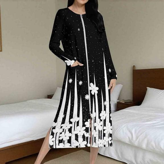 Fewfanhot Women's Long Flannel Robe Floral Printed Knee Length Zipper Bedroom Lounging Bathrobes Cozy Sleepwear Comfort Housecoat