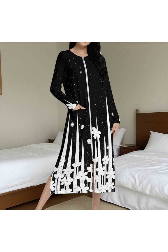 Fewfanhot Women's Long Flannel Robe Floral Printed Knee Length Zipper Bedroom Lounging Bathrobes Cozy Sleepwear Comfort Housecoat