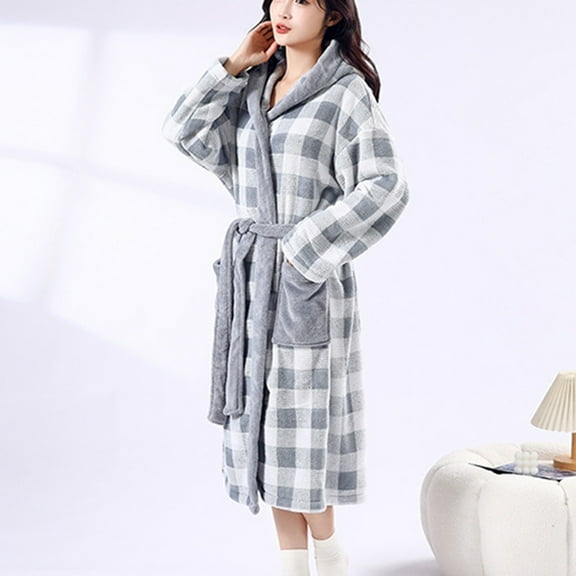 Fewfanhot Women's Long Robe Plaid Print Turn-Down Collar Cardigan Bathrobe Warm Housecoat Pajama, Available in Multi-Colors Elegant Home Wear