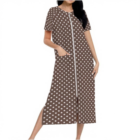 Fewfanhot Women's Long Robe with Zipper, Knit Cardigan Housecoat, Soft Bathrobe with Pockets, Cozy Full-Length Loungewear Dress