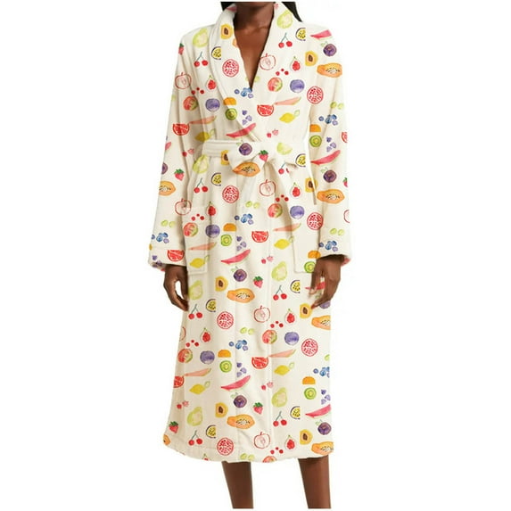 Fewfanhot Women's Long Sleeve Light-Colored Printed Flannel Robe, Notch Lapel Design for Cozy Home Nightgown Lounging