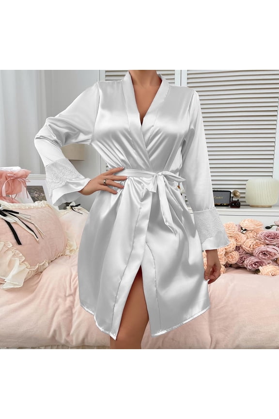 Women's Long Sleeve V-Neck Satin-Look Lace Robe, Soft Comfort Feeling Bathrobe Lounging Home Wear & Special Occasions