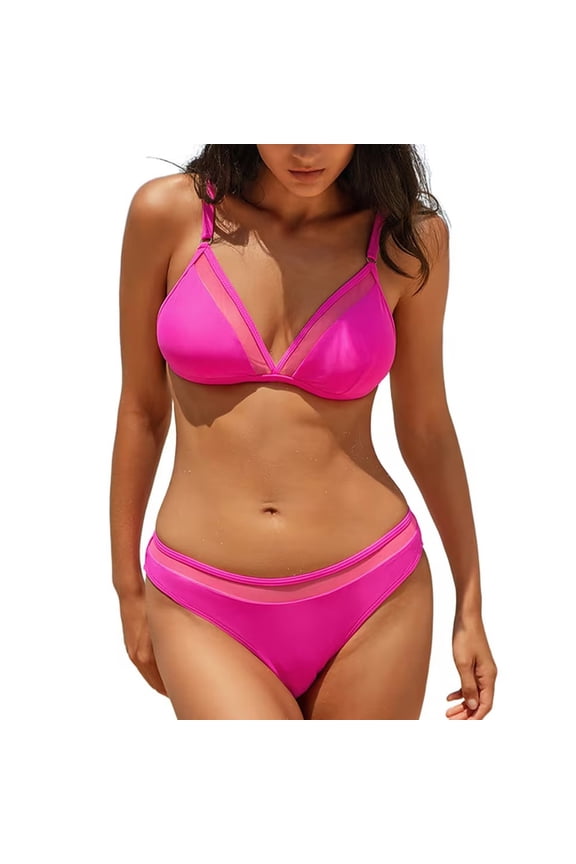 Women's Mesh Insert Bikini Set,Multi Colors Triangle Top & High Waist Ruched Bottom, Tummy Control Two Piece Swimsuit