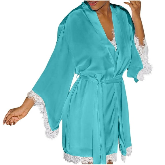 Fewfanhot Women's Nightgown Lace Trim Ice Silk Long Sleeve Robe & Sleeveless Cami Nightdress Pajama Set Soft Luxury Comfortable Nightwear Loungewear