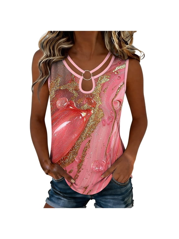 Women's O-Ring Halter Neck Sleeveless Tank Top, Leaf Print Casual Summer Blouse, Tropical Graphic Vacation Vest, S-3XL