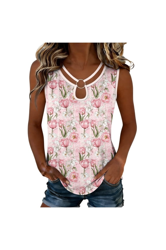 Women's O-Ring Halter Neck Sleeveless Tank Top, Leaf Print Casual Summer Blouse, Tropical Graphic Vacation Vest, S-3XL