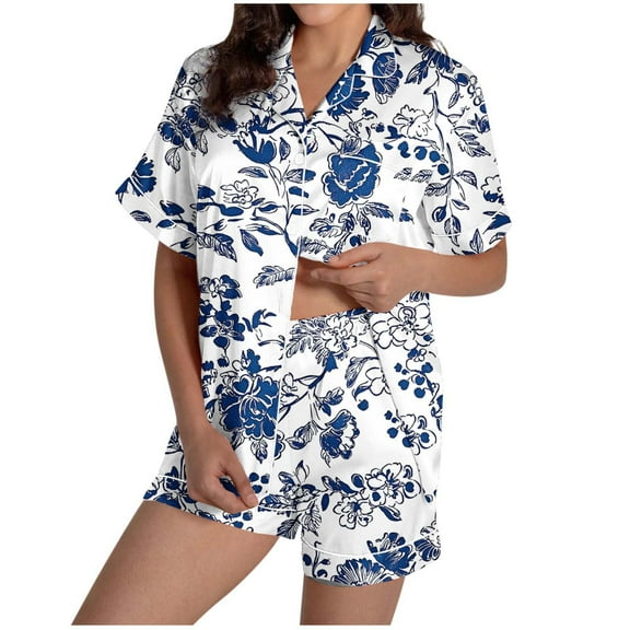 Fewfanhot Women's Pajama Sets Button-Down Soft Knit Sleepwear Loungewear Short Sleeved Top Shorts Home Wear Pajama Set
