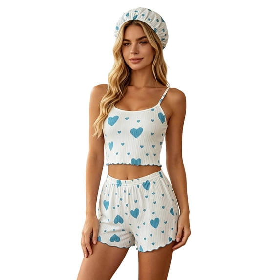 Fewfanhot Women's Pajama Sets Cami Pajamas Set Cami Tops and Shorts Bath Cap Casual Pajamas Three-Piece Sets
