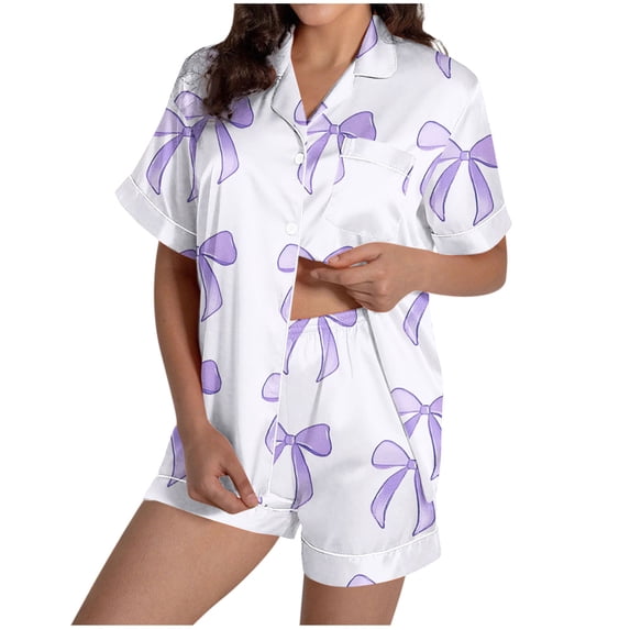 Fewfanhot Women's Pajama Sets Short Sleeve Loungewear 2 Pcs Satin Soft Pj Sets Button Down Women's Summer Sleepwear