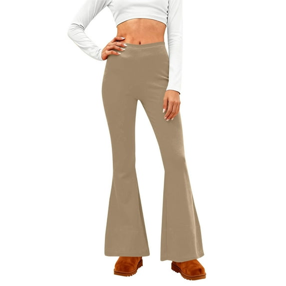 Fewfanhot Women's Pants Casual High Waist Ruffle Flare Pants Wide Leg Solid Stretchy Bell Bottom