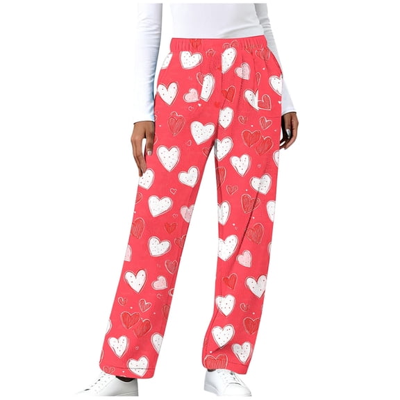Fewfanhot Women's Pants Love Printed Wide Leg Pants Patched Elastic Waist Casual Loose Trousers